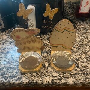 Charming Vintage Wooden Bunny and Egg Candle Holders